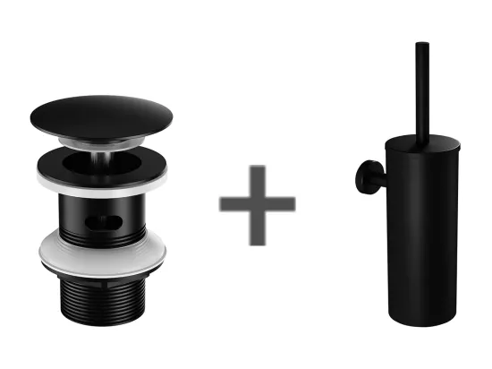 Bonde de Lavabo Bonde Pop-up avec Trop-plein Automatique Universelle+Brosse Toilettes WC Suspendu avec Support de Brosse, Acier INOX,Noir