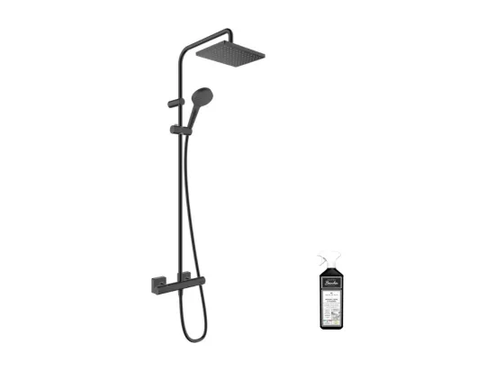 Colonne de douche thermostatique HANSGROHE Vernis Shape, économie d'eau noir mat + nettoyant Briochin