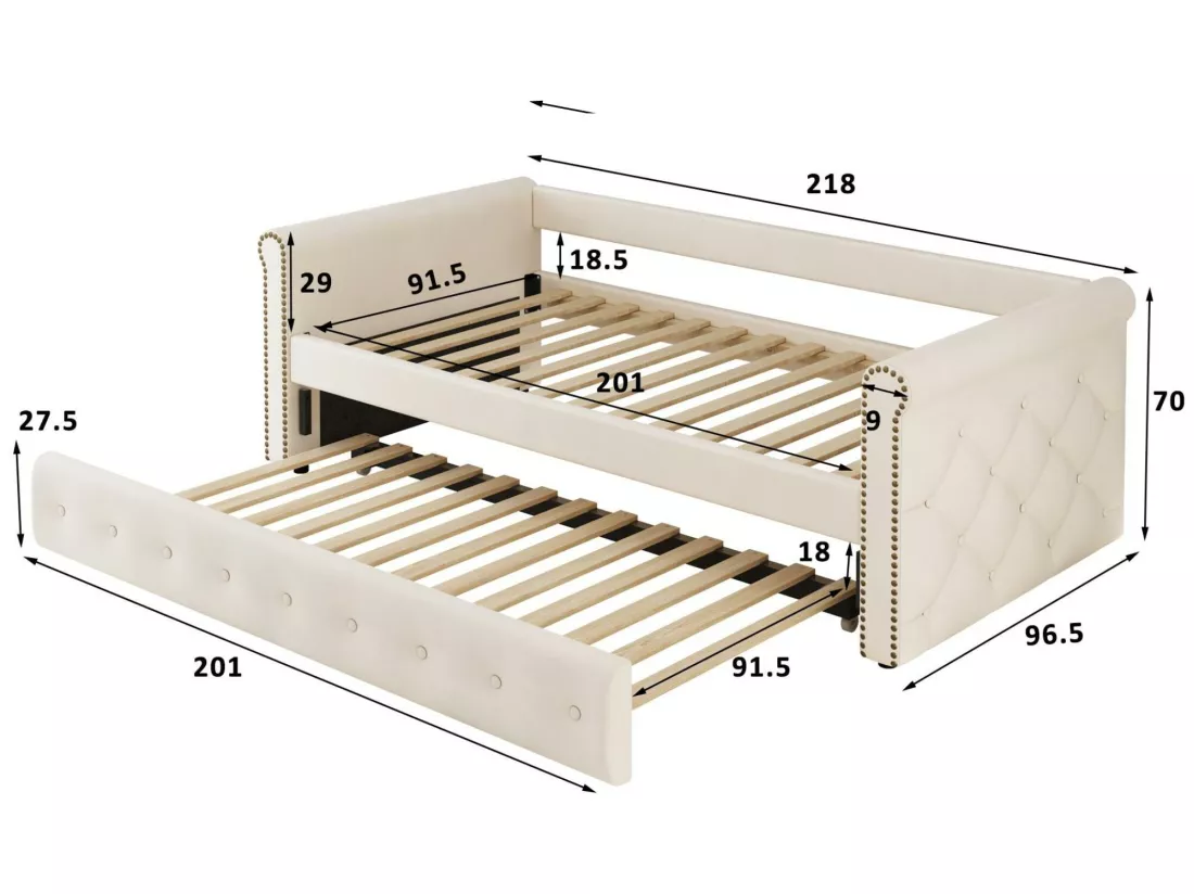 Lit gigogne 90x200cm en lin avec sommier à lattes - Beige