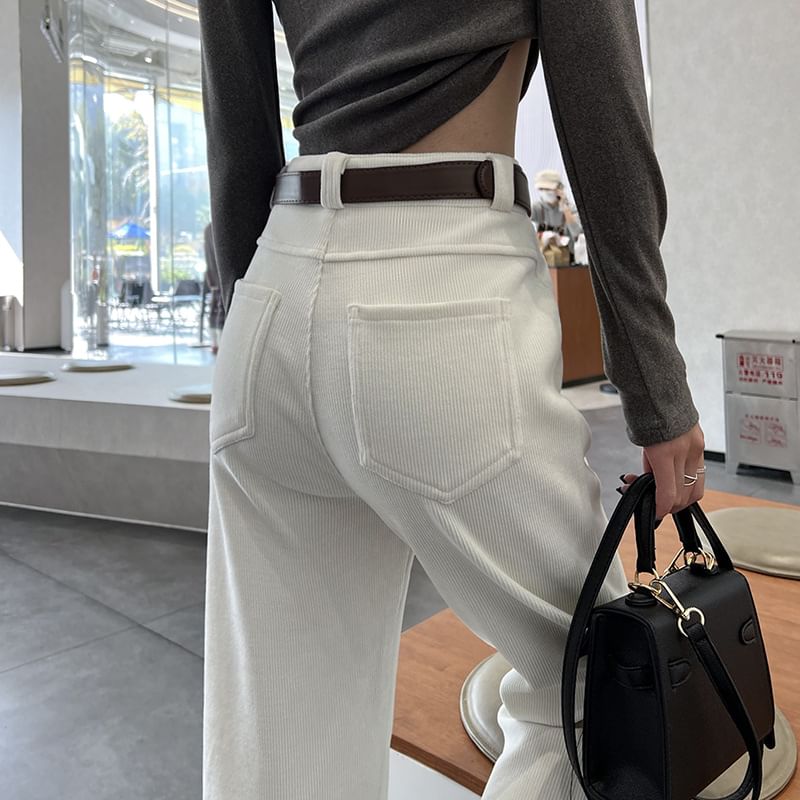 Jaqmine - Hoge taille effen corduroy broek met fleecevoering en wijde pijpen