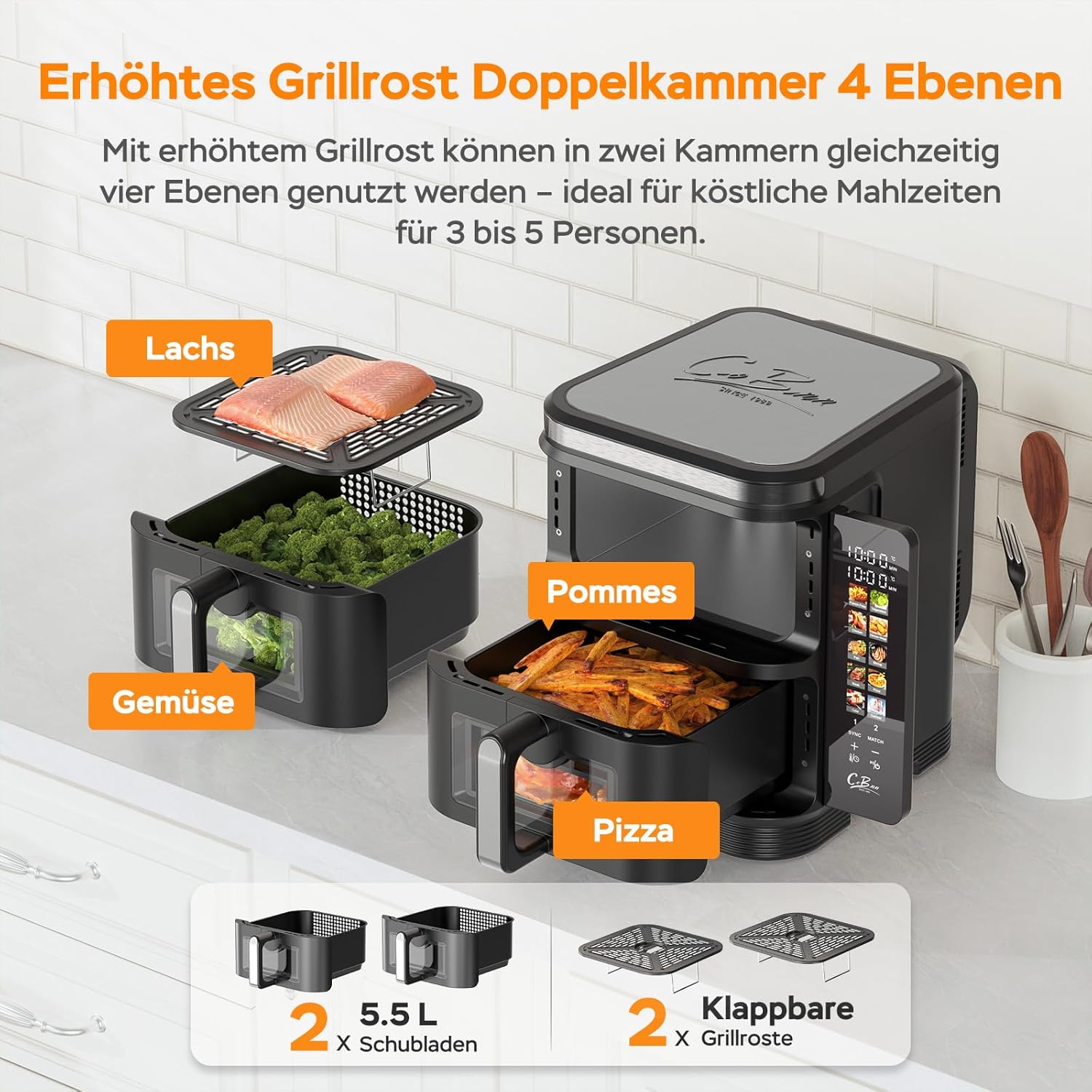 Heißluftfritteuse 2 Kammern übereinander, 11L Airfryer Doppelkammer mit Sichtfenster und Faltbarem Touchscreen, 10-in-1, V0-flammhemmendes Material, 2800W