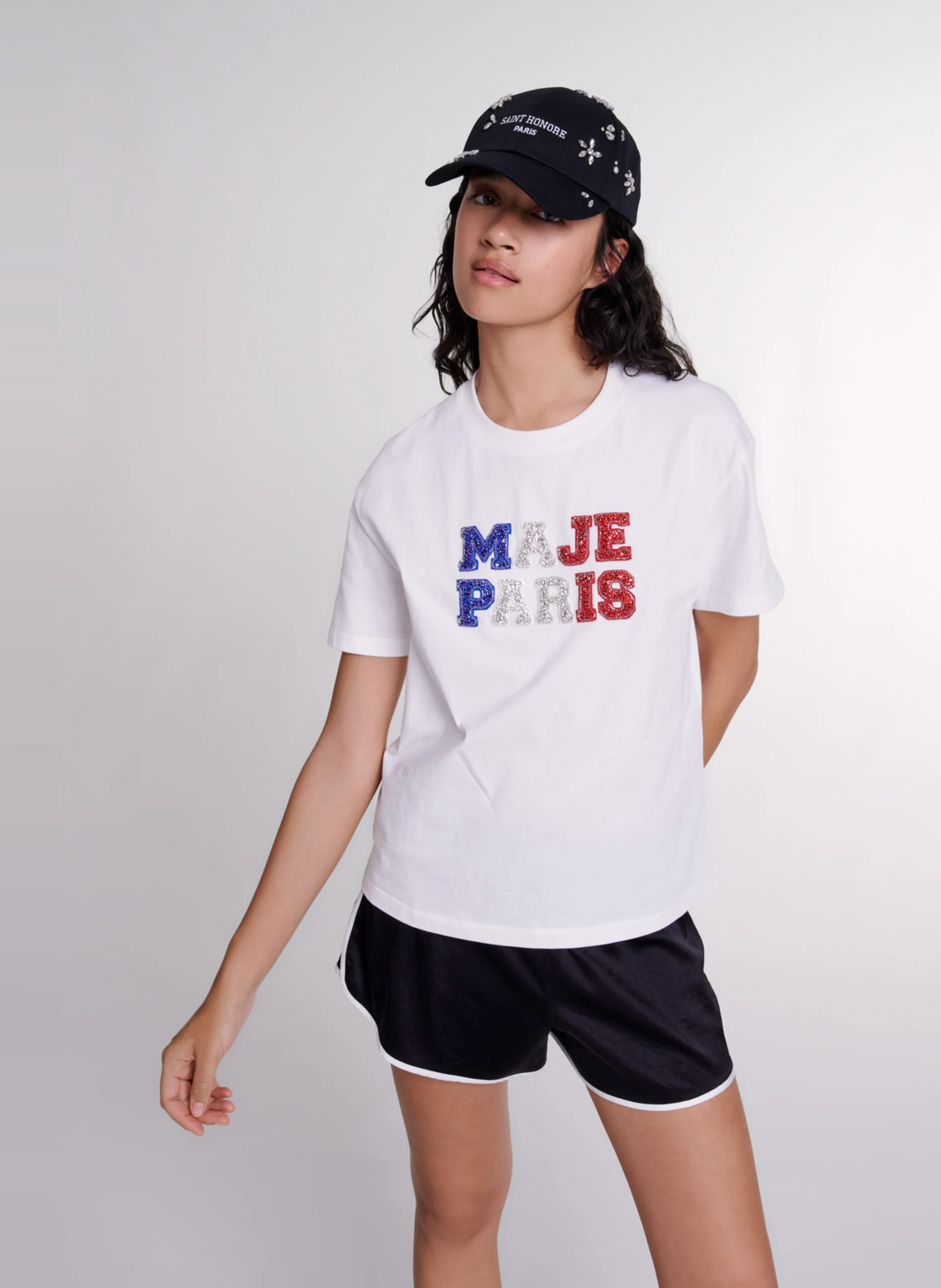 Tee-shirt droit col rond en coton strassé | Blanc