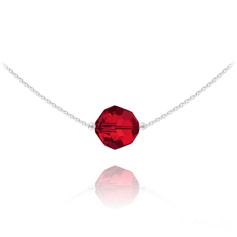 Collier ras du cou en argent 925 rhodié avec perle ronde à facette rouge crystal Swarovski