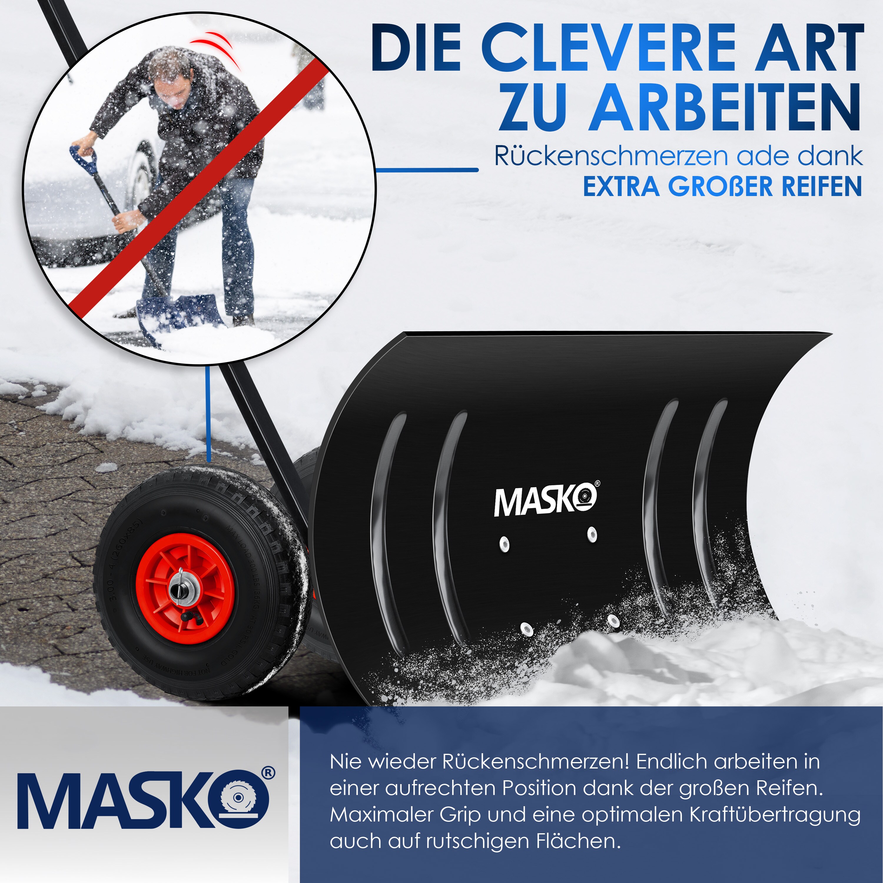 MASKO® Schneeschaufel auf Rädern höhenverstellbar - 5-Fach Höhenverstellbar Schneeräumen, rückenschonender Schneeschieber, Schneeschild 75 cm Arbeitsbreite-Höhe 42 cm, platzsparend zusammenklappbar