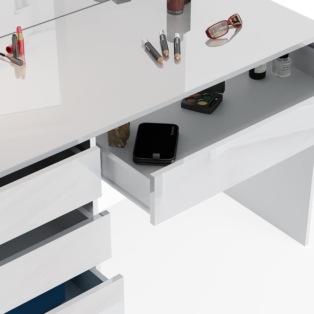 Vicco Schminktisch Sherry, Weiß, 120 cm mit LED Beleuchtung und Hocker