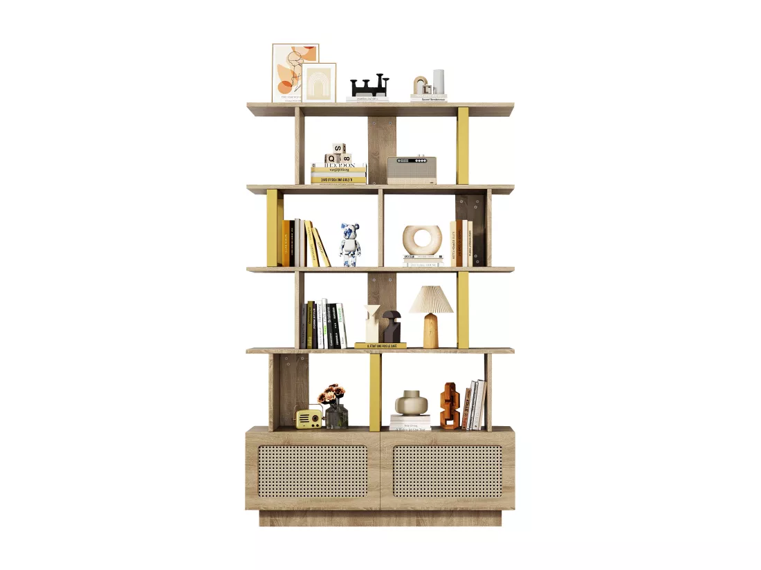 Bibliothèque avec 2 portes en rotin et étagères ouvertes - 105 x 31,7 x 160 cm - Panneaux de particules et métal - Chêne