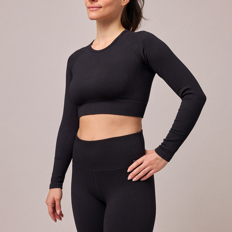 Geripptes Sportshirt langarm Damen aus recyceltem Polyamid Schwarz