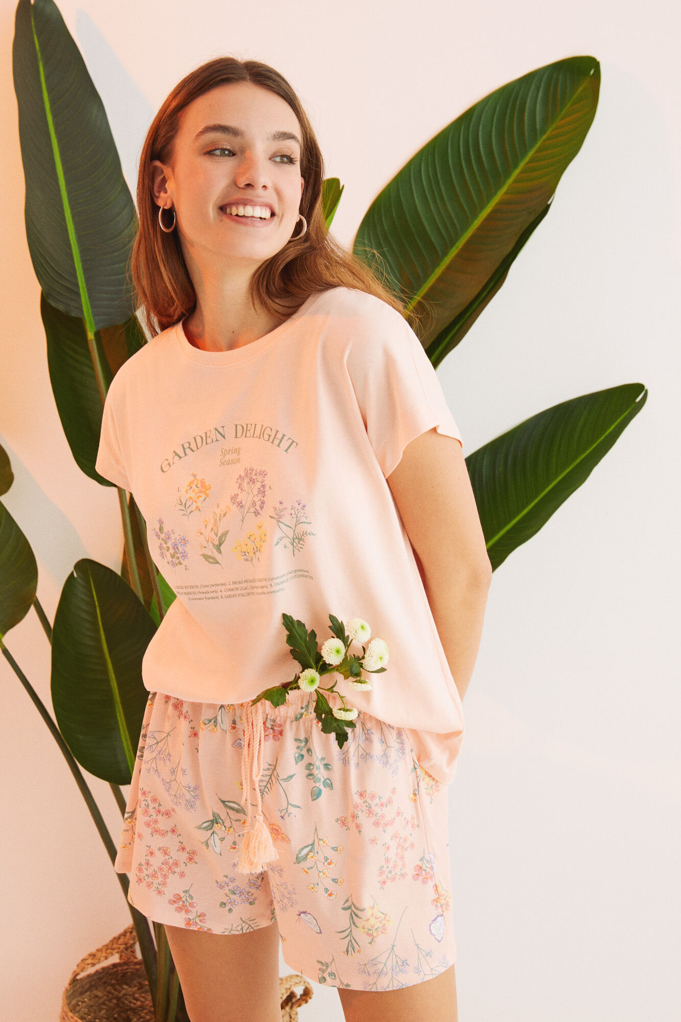 Pijama curto floral laranja, 100% algodão