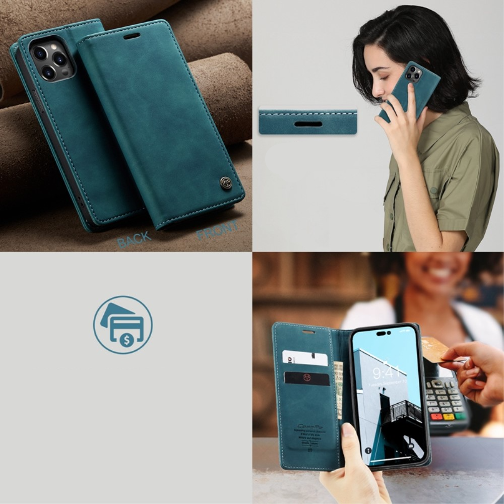 iPhone 14 Pro Max Leder Tasche Flip Wallet Etui mit Kartenfächern - Blaugrün
