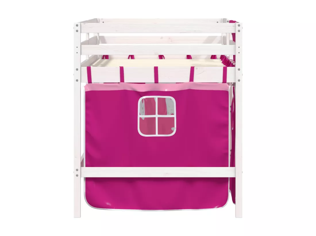 Lit mezzanine enfants et rideaux rose 80x200cm bois pin massif