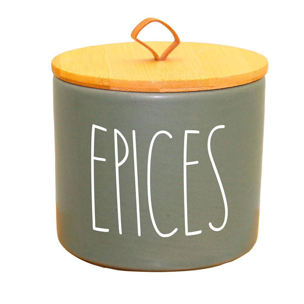 Pot à épices céramique et couvercle bambou vert D 9.6x9.1cm