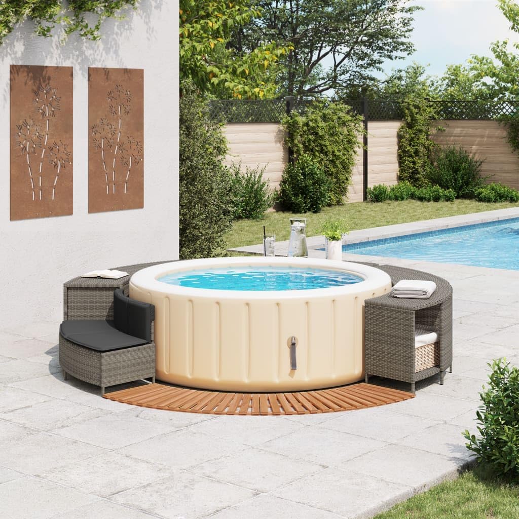 Hommdiy Whirlpool-Umrandung Grau Poly Rattan und Massivholz Akazie 2X Stufe