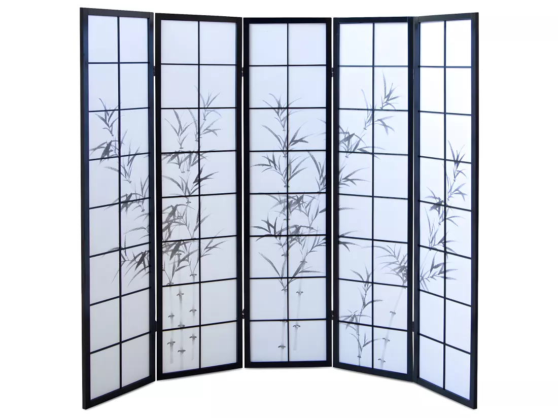 Paravent japonais en bois noir dessin bambou de 5 pans