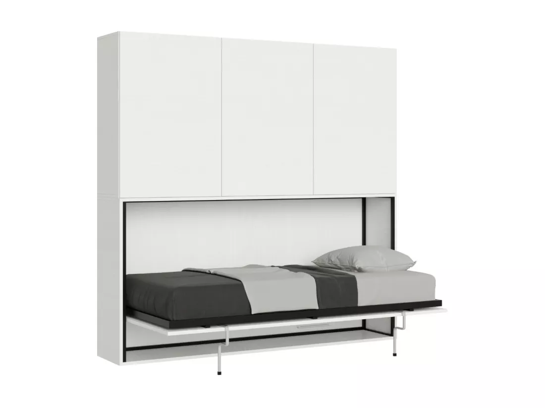 Lit escamotable horizontal blanc Bounto 85x185 avec rangement et bibliothèque composition D-