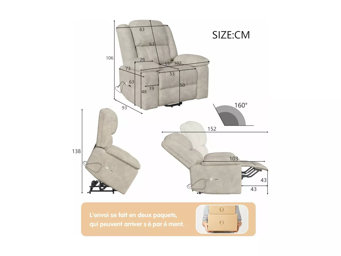 Fauteuil relax électrique en inclinable en Tissu - Girs - L93 x W102 x H106 cm - Gris