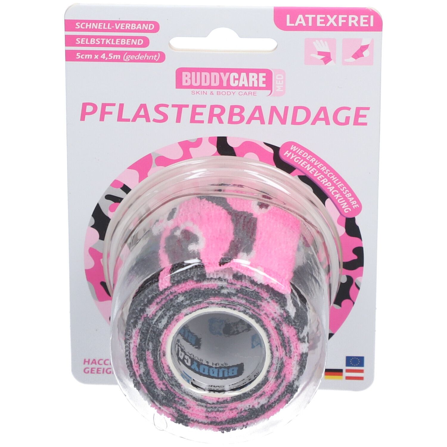 BUDDYCARE® MED Pflasterbandagen CAMOUFLAGE PINK 5 cm x 4,5m Latexfrei