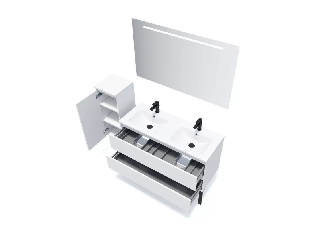 Meuble de salle de bain suspendu double vasque intégrée 120cm 2 tiroirs Blanc - Hudson