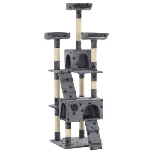 Arranhador para gatos com poste de sisal, cinza, com pegadas de patas.