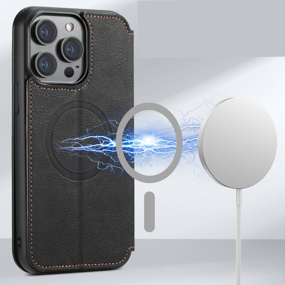 iPhone 14 Pro MagSafe Vintage Leder Tasche Flip Cover mit Kartenfächer - Schwarz