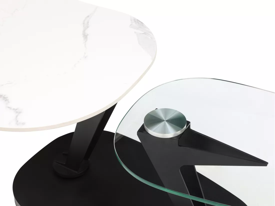 Table basse avec plateaux pivotants en céramique, verre trempé et métal - Effet marbre blanc - NADRYA de Maison Céphy