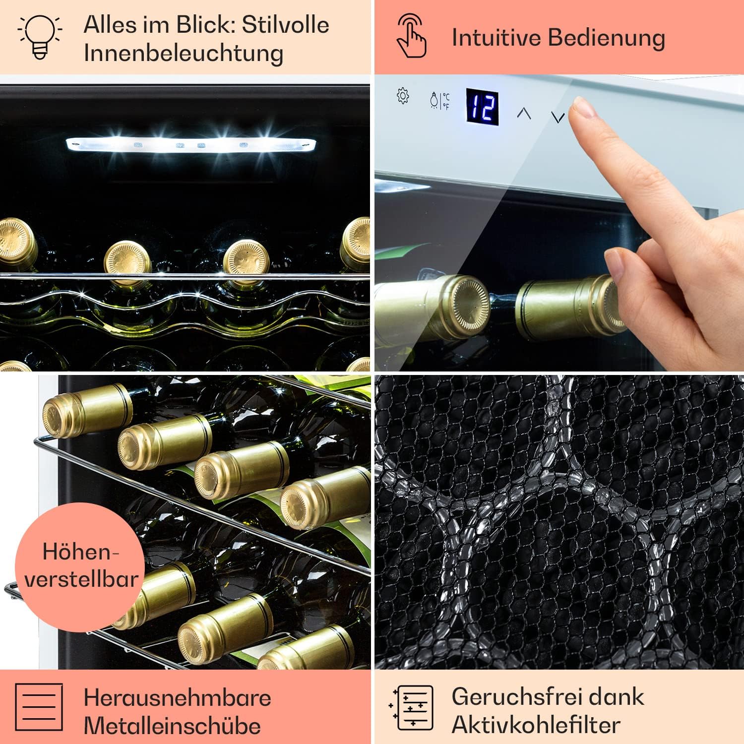 Klarstein Shiraz Weinkühlschrank Freistehend, Kleiner Getränkekühlschrank für Wein, Prosecco & Bier, 1 Zone Weinkühlschrank mit Glastür & Touch-Bedienfeld, Kühlschrank Klein, 5-18°C, 16 Flaschen