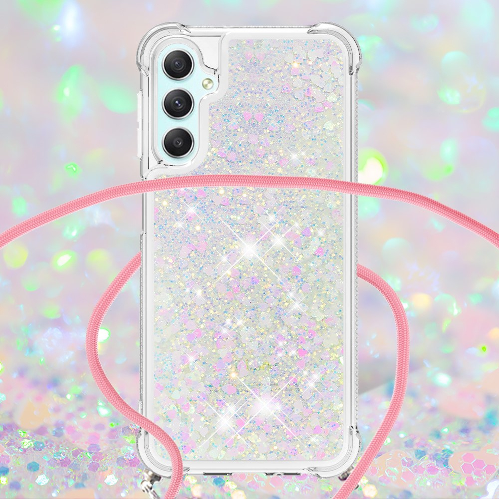 Samsung Galaxy A25 / A24 Necklace Gummi Hülle Liquid Glitzer   Handykette (130cm) - Rosa / Silber