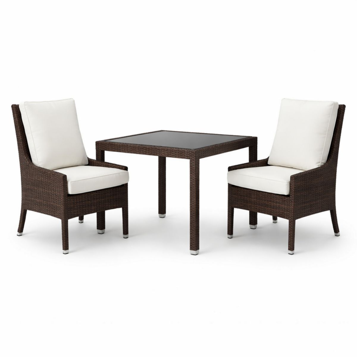 Gartenmöbel Set Tisch mit 2 Stühlen Glasplatte Rattan Braun Weiß