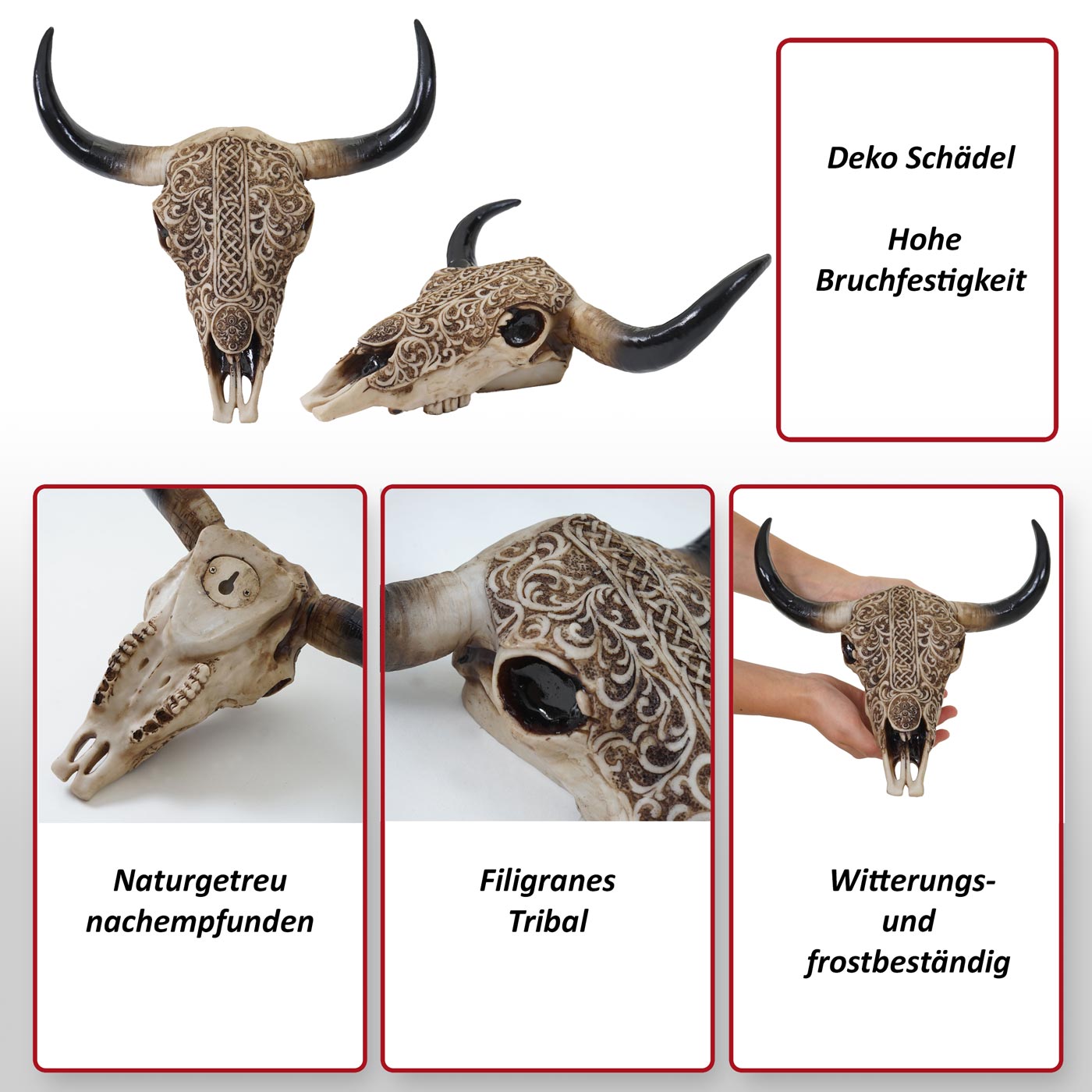 Deko Schädel 31cm MCW-C15, Polyresin Stier Bulle Longhorn Kopf Trophäe mit Tribal, In-/Outdoor