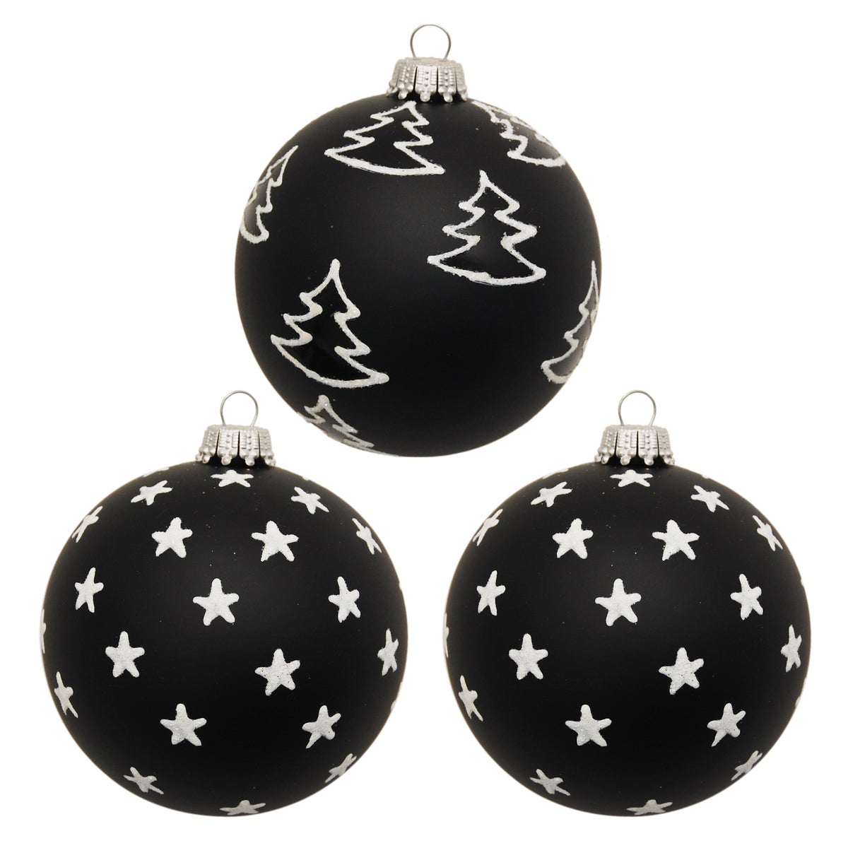 Kerst zwart-wit ebbenhout, set van 3, mat zwart/wit, glitter, 8 cm, 3 stuks, kerstballen, kerstversieringen, kerstversieringen
