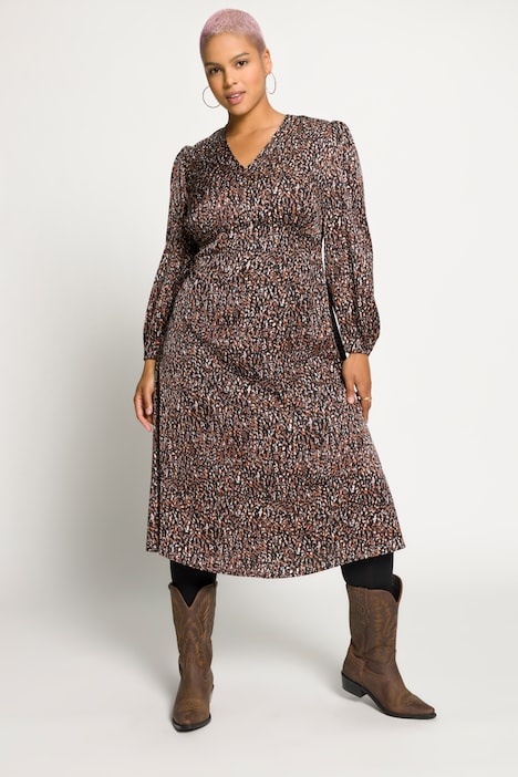 Midikleid, A-Line, Allover Print, V-Ausschnitt, Langarm