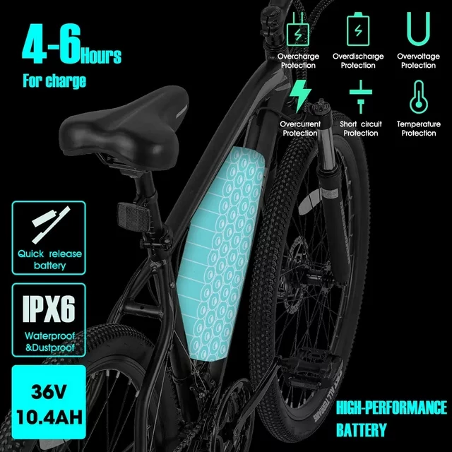 Hiland Rockshark Electric Bike Electric Mountain Bike Aluminum 26/27.5 inch 350W 20MPH Adults E-Bike Shimano 21 Speed Disc Brake Suspension Fork with 36V 10.4Ah Removable Battery