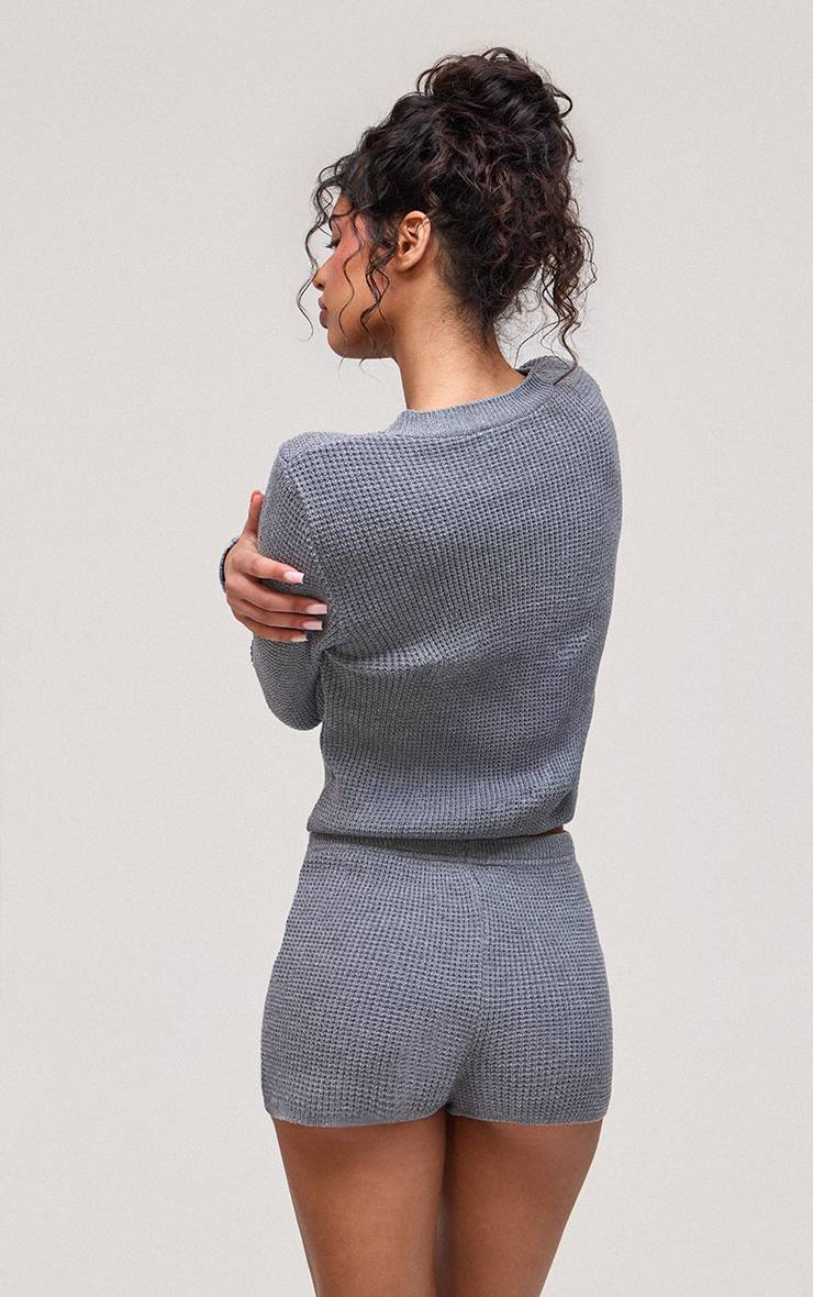 Gris Short Taille Haute En Maille Gaufré