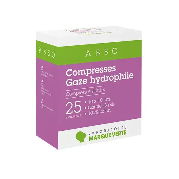 Compressas estéreis Green Brand, gaze hidrofílica, 10cm x 10cm, 25 x 2 compressas