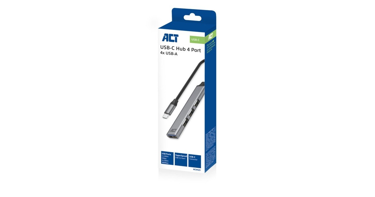 ACT ConnectivityUSB-C hub, 3x USB-A 2.0 en 1x USB-A 3.0 usb-hub  (Aluminium)