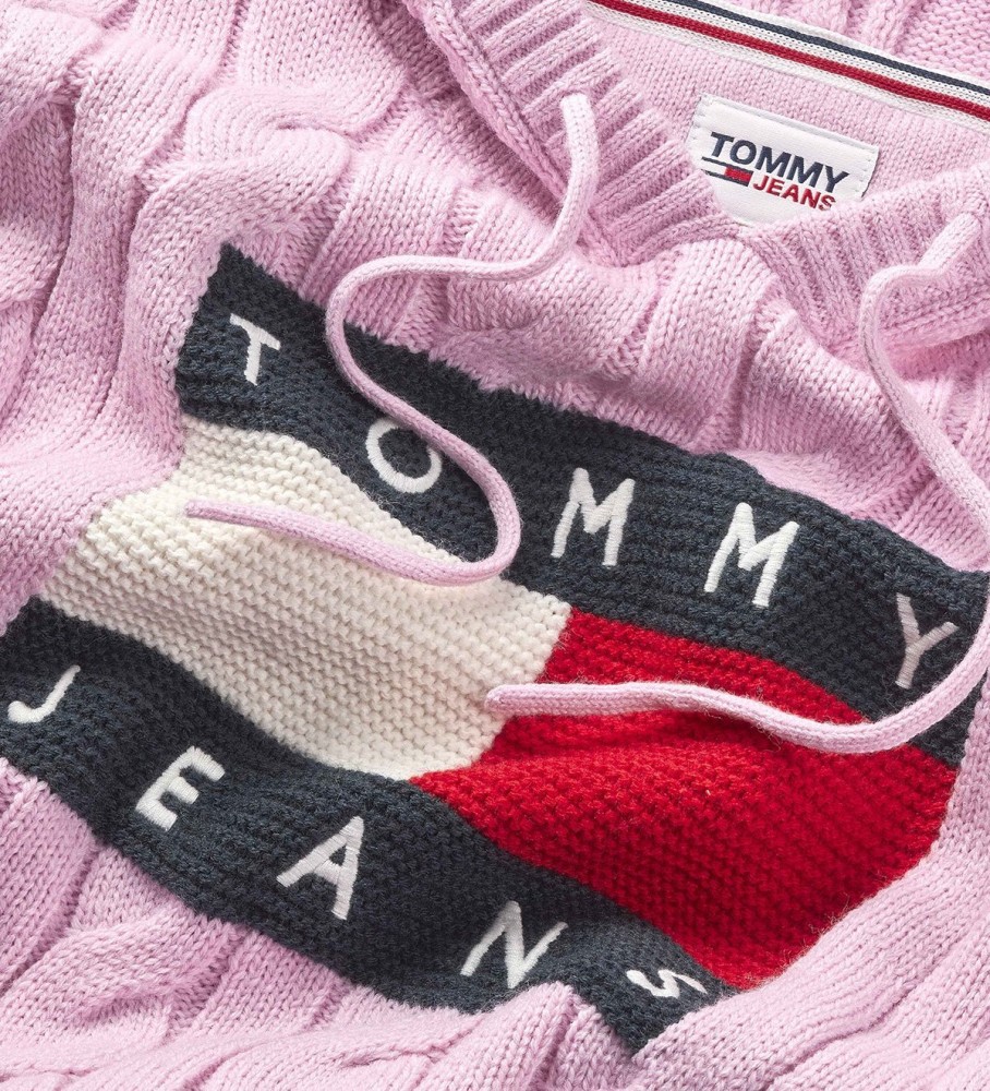 Moletom com capuz Tommy Jeans Cable Knit rosa