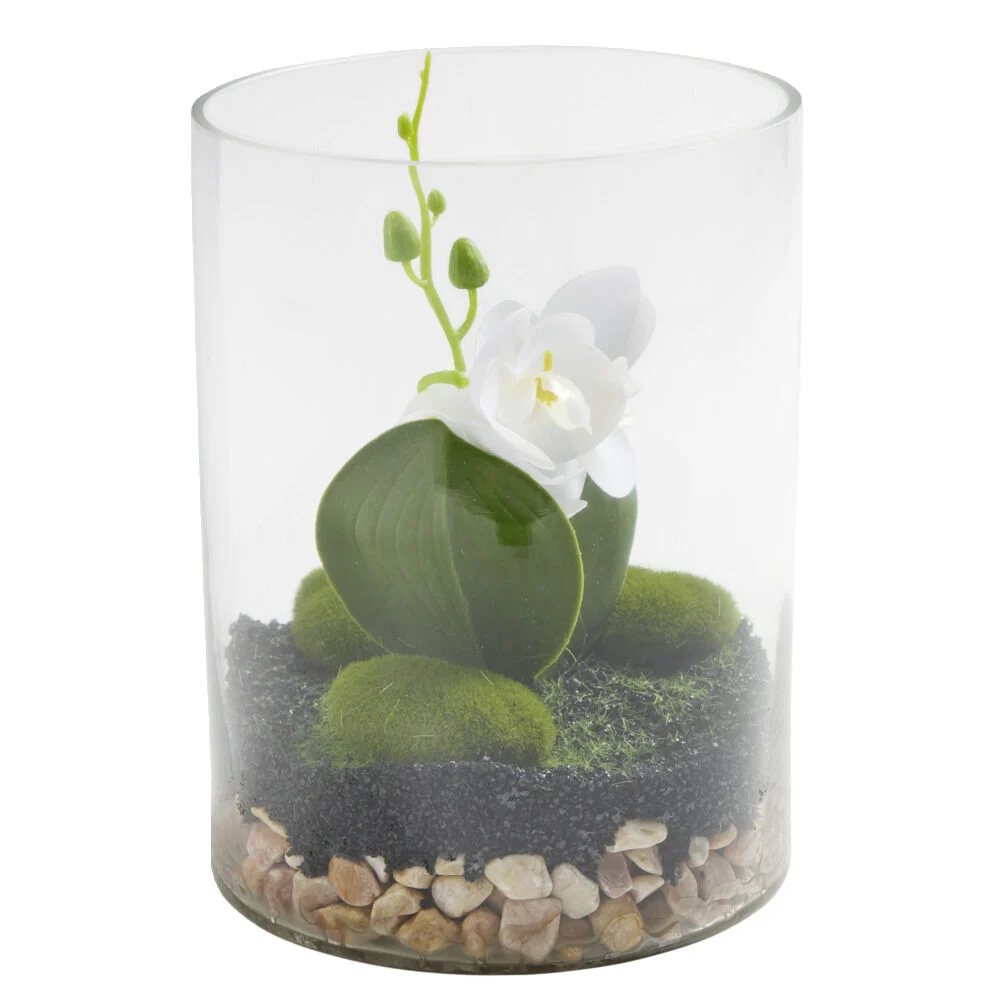 Vase en verre terrarium avec orchidée artificielle Ø15xH20cm (2 modèles)