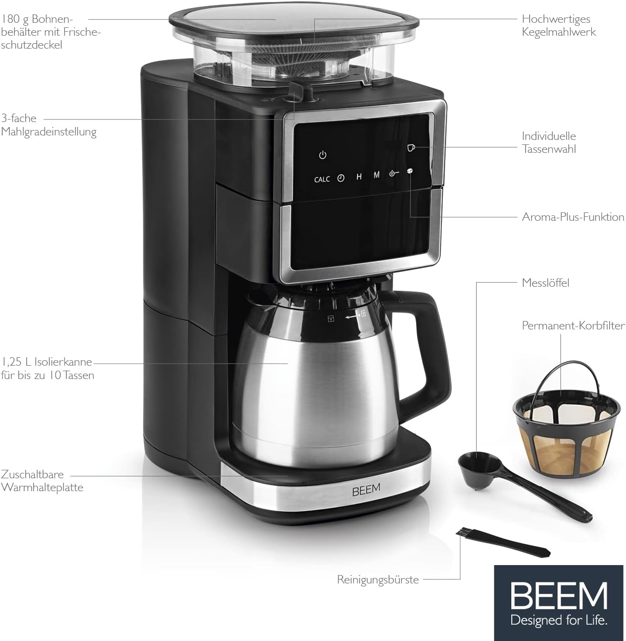 BEEM FRESH-AROMA-PERFECT III Filterkaffeemaschine mit Mahlwerk - Thermo | Edelstahl | Mit Isolierkanne & Aroma-Plus-Funktion | Permanentfilter & 24-H-Timer | 1000 W | bis zu 10 Tassen
