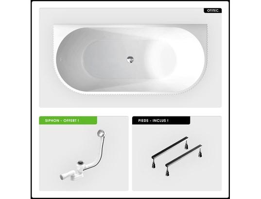 OTITEC - Baignoire semi îlot - 150 x 75 cm - avec siphon chrome - pie...