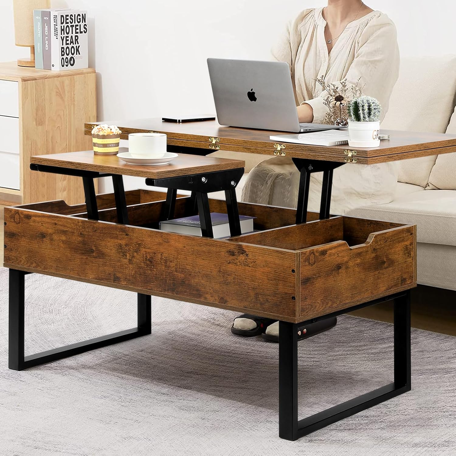VOWNER Couchtisch Höhenverstellbar, 3-in-1-Multifunktions-Wohnzimmertisch mit Versteckter Aufbewahrung, Couchtisch Umwandelbar in Wohnzimmer-Esstisch, Vintage-Braun
