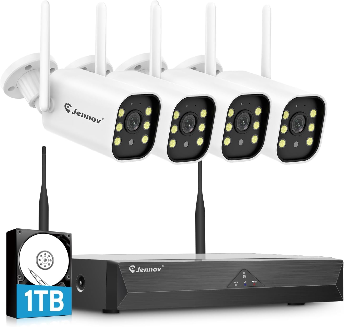 Jennov 5MP Überwachungskamera Set Aussen, 10CH 5MP WLAN NVR mit 4X WiFi Kamera Aussen mit 120° Weitwinkel, 24/7 Aufnahme, Personenerkennung, 2-Wege-Audio, Farb-Nachtsicht, 1TB