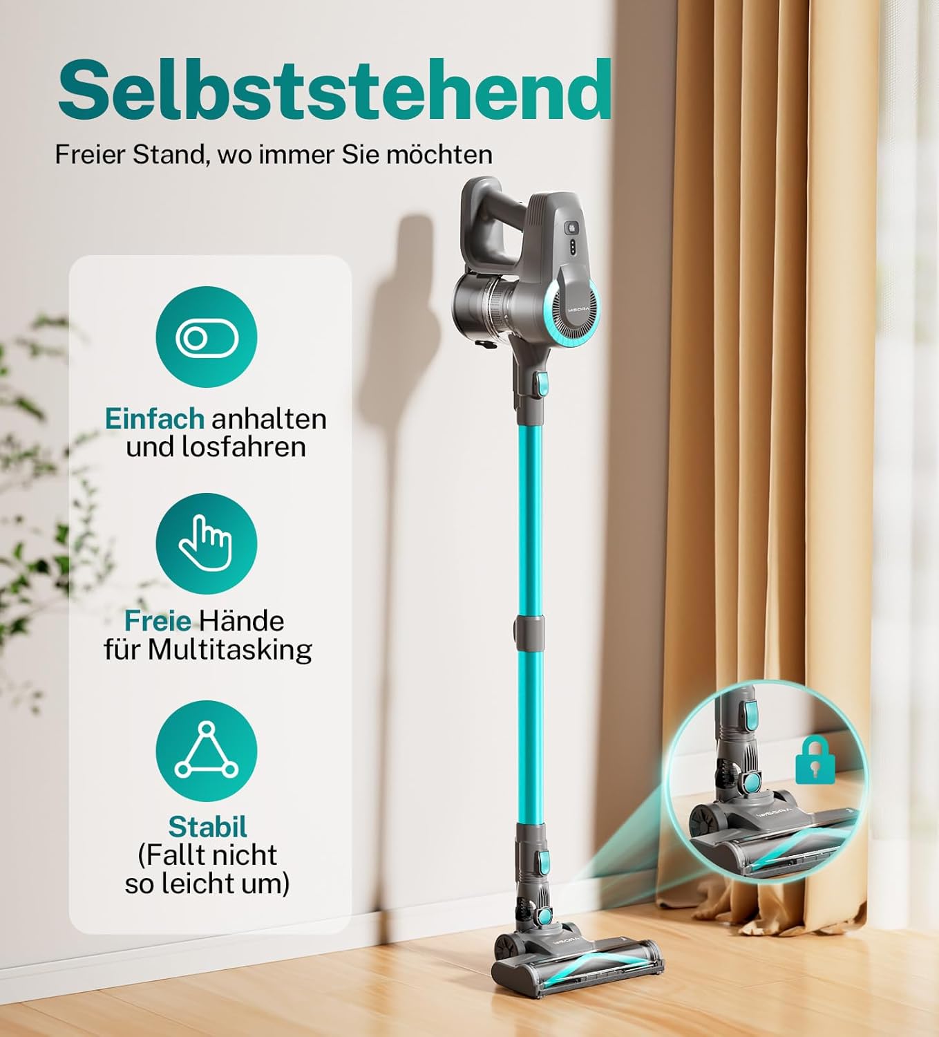 Akku Staubsauger, 28000Pa/175W/55Min Staubsauger Kabellos, Anti-Tangle-Bürste und Selbststehend, Ultraleichter Handstaubsauger akku vacuum cleaner Stielstaubsauger für Teppichen, Hartboden, Tierhaare