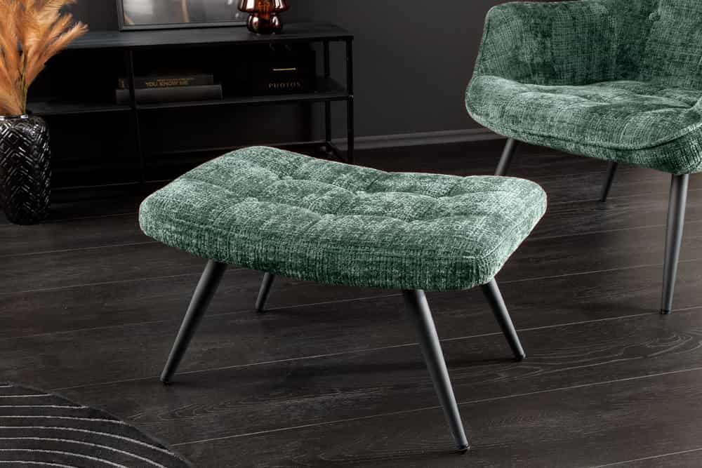 Moderner Hocker SCANDINAVIA grün Chenille Cremona Metallbeine Fußhocker