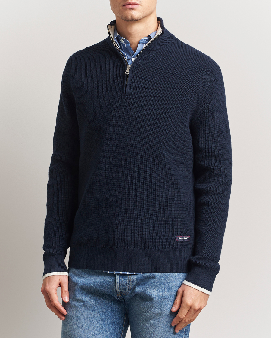 GANT Ribbed Cotton Half Zip Evening Blue