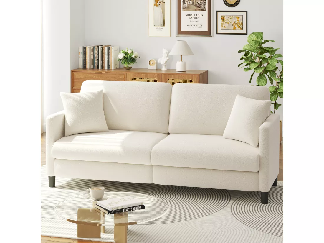 Canapé 3 Places en Velours Teddy,Canapé Droit Confort en Bois Massif,Loveseat avec Accoudoirs,193x79x89cm,Beige