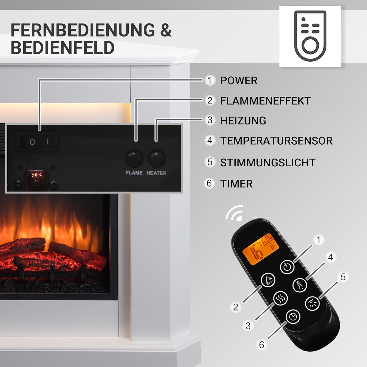 Elektrokamin BALDERIA Candela - Elektrischer Eckkamin mit 3D-Flammeneffekt, Elektro Heizung 2000W, LED-Beleuchtung, Fernbedienung, Timer & Thermostat - Weiß