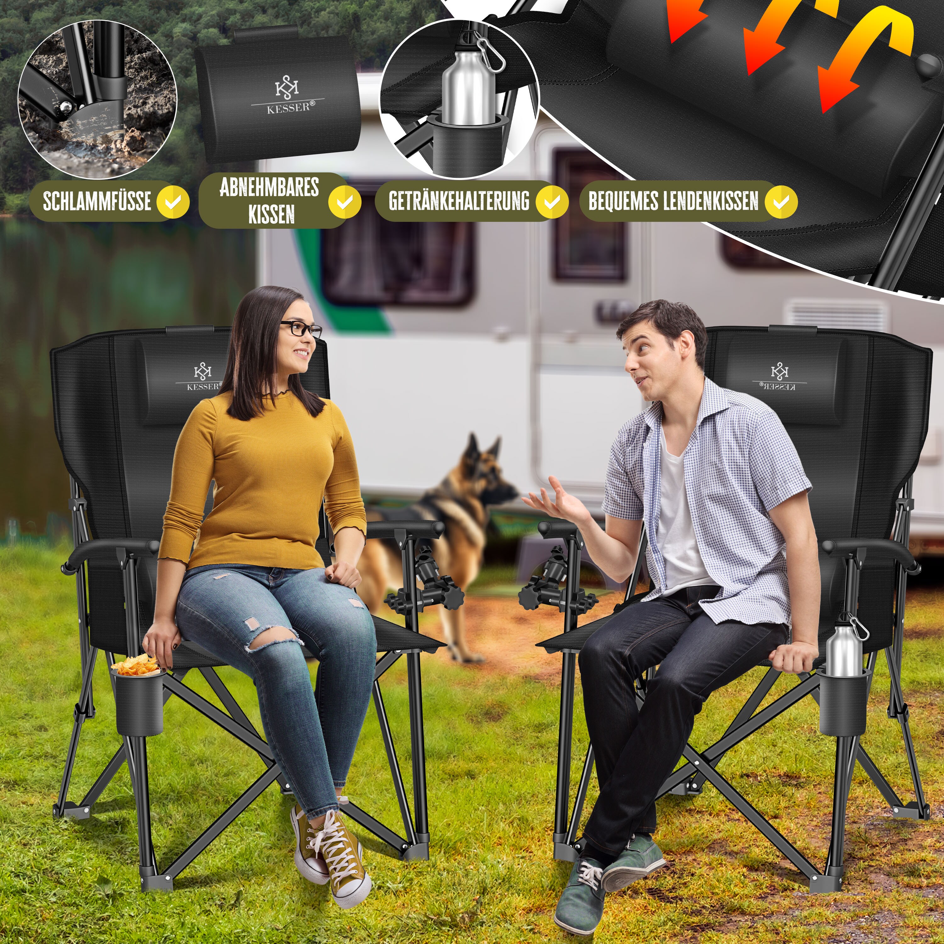 KESSER® Campingstuhl faltbar bis 160 kg | Angelstuhl Faltstuhl Klappstuhl Gepolstert mit Armlehnen | Campinglicht und Getränkehalter + Tasche mit hoher Rückenlehne | Strandstuhl mit Angelhalterung