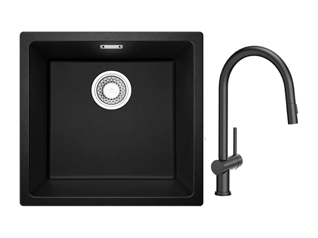CECIPA MAX Evier 1 Bac en Quartz et Résine Noir Gris 45*44*20cm + Mitigeur de Cuisine avec Douchette Extractible avec 2 Types de Jet