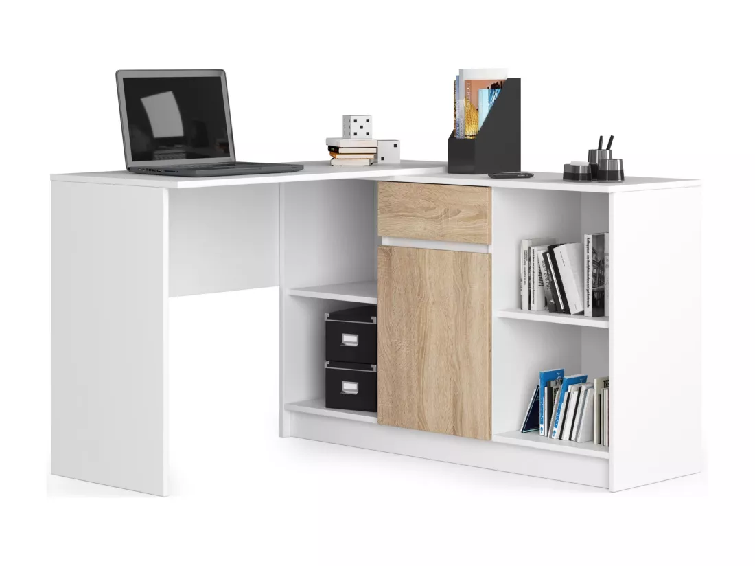 Ensemble d'angle AKORD bureau B17 avec commode Blanc 120 cm 1 porte 1 tiroir façade Chêne Sonoma 6 étagères 120x126x79 cm