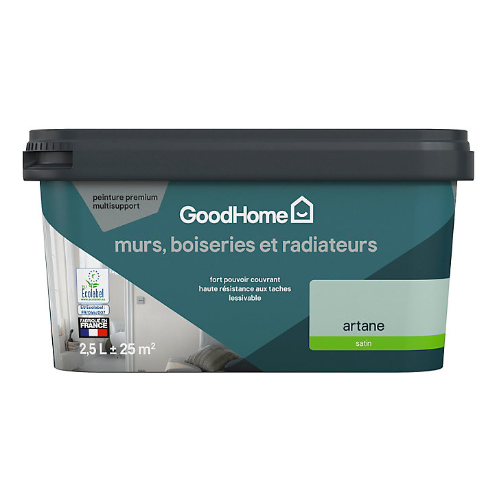 Peinture intérieure couleur murs, boiseries et radiateurs GoodHome Artane satin vert 2,5L