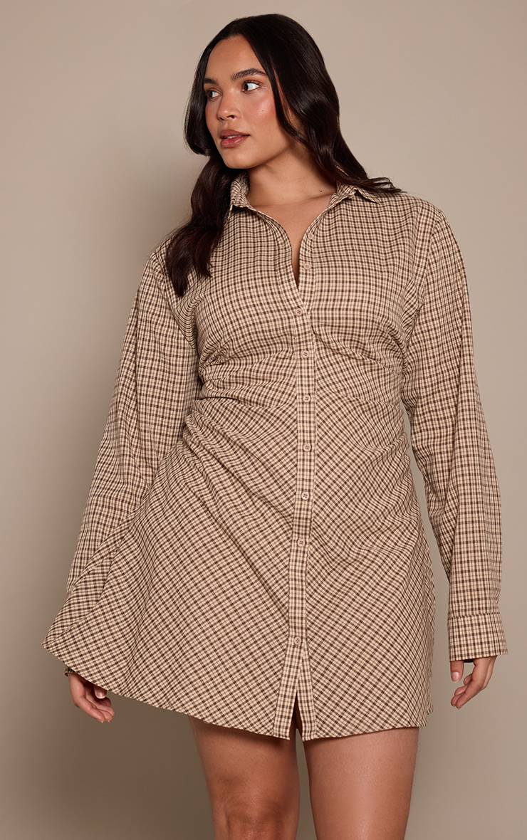 Crème Robe Chemise Grande Taille À Manches Longues Froncée À Carreaux Boutonnée